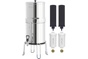 FACHIOO Gravity-Fed Water Filter System, 3.25G Stainless-Steel Countertop System with 2 Black NSF/ANSI 42 Certification Elements, 2 Fluoride, Metal Water Level Spigot, Reduces Fluoride and Chlorine