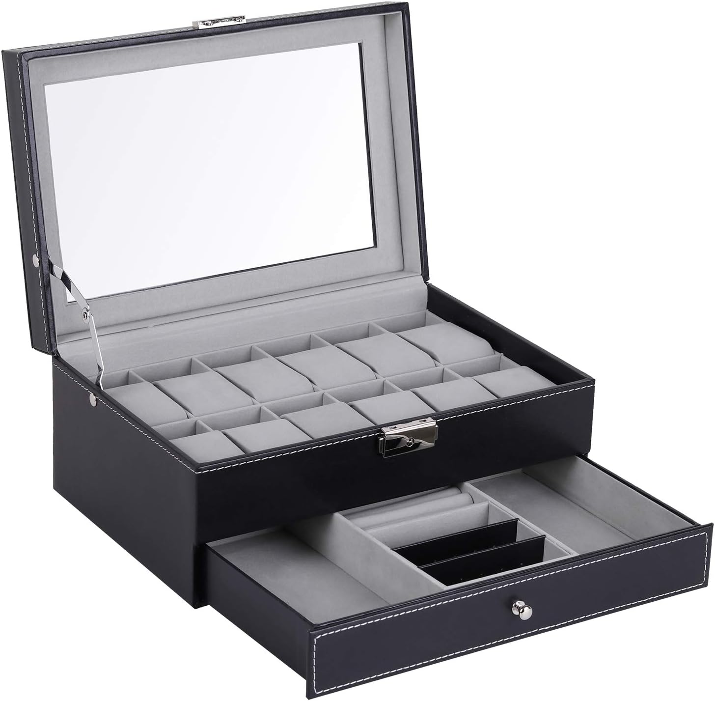 Widousy 12 Leather Watch Box with Jewelry Display Drawer Lockable Watch Case Organizer Black