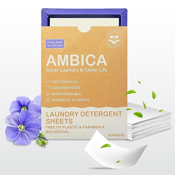 AMBICA TRAVEL LAUNDRY DETERGENT SHEETS, PLANT-BASED LAUNDRY SOAP FOR FRESH CLOTHES, HYPOALLERGENIC & FREE FROM HARSH CHEMICALS, PERFECT FOR SINK OR WASHER CLEANING SOLUTIONS. 30 SHEETS UP TO 60 LOADS
