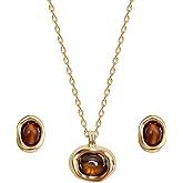 KHRYPTXH Tigers Eye Necklace and Earrings Set for Women,Gold Tone Vintage Jewelry Set with Brown Tiger Eye Stones,Natural Chunky Pendant Dangle Earring Set, Earthy Jewelry Gifts for Her