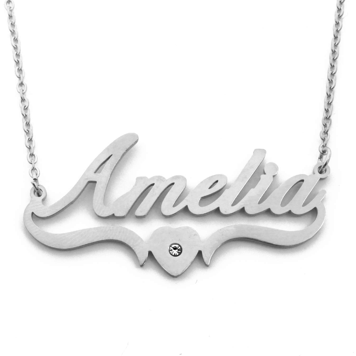 Kigu Amelia Personalised Heart Shaped Name Necklace - Adjustable Chain - Silver Tone - Incl Box & Bag