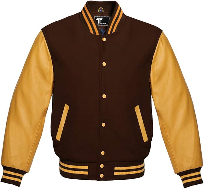 Premium Letterman Baseball School College Bomber Varsity Jacket Wool Brown & Gold Genuine 