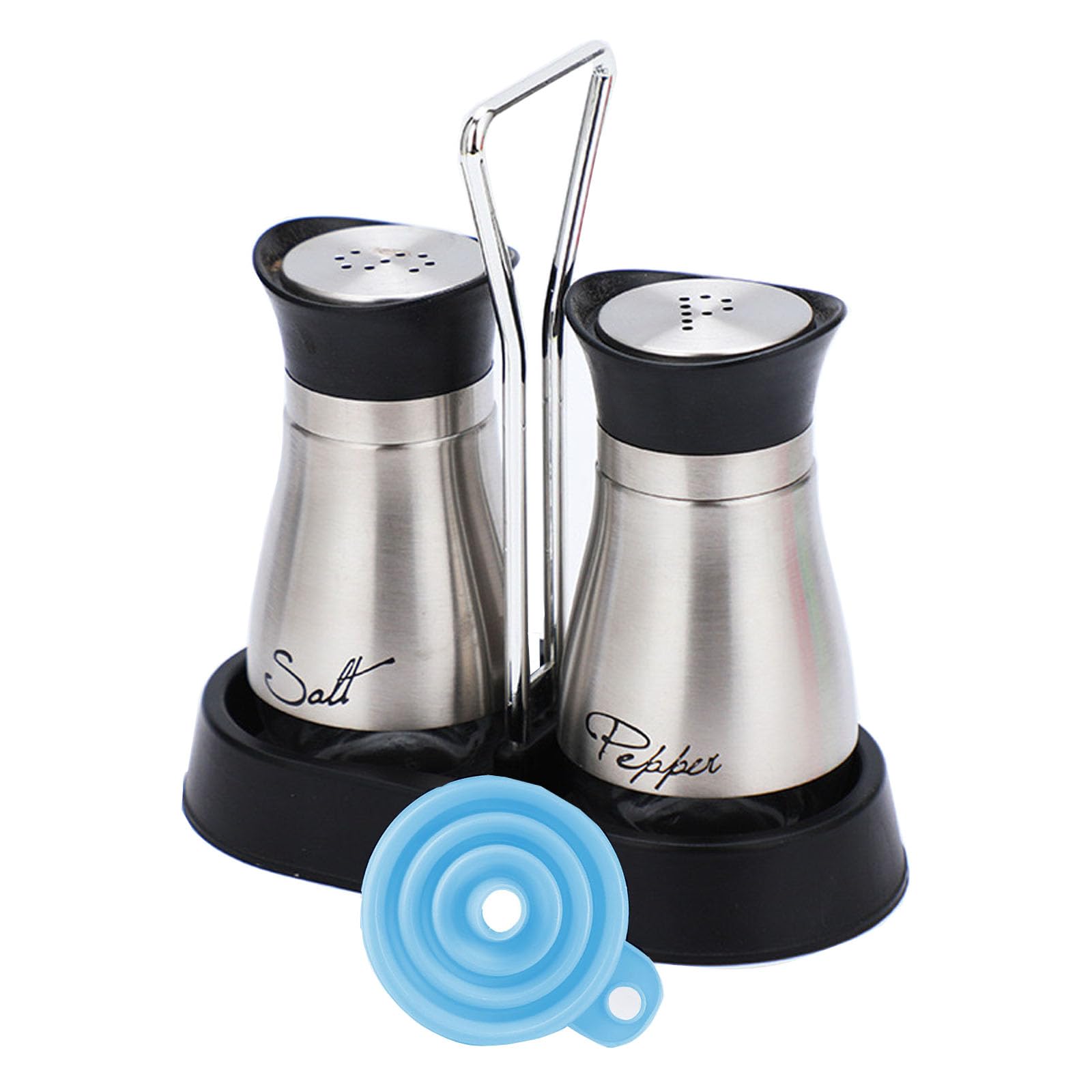 CANGCANG Salt and Pepper Shakers Set with Holder, Condiment Set, Stainless Steel & Glass Refillable Cruet Set, Modern Kitchen Decor for Dining Table, Countertop Includes Free Funnel (Silver, 2-Piece)