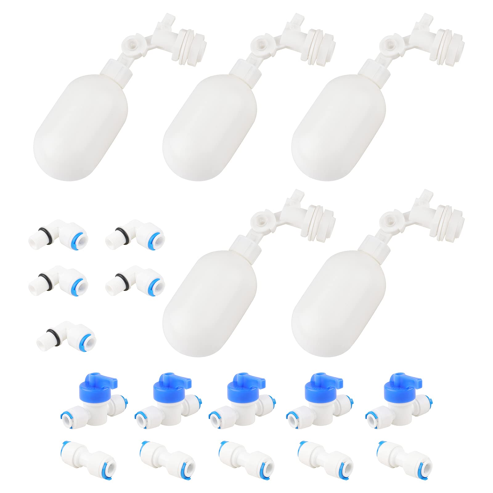 Rowiz 1/4" Water Filter Float Ball Valve Push to Connect Tube Fittings (Float Valve+Quick Connector+I+Ball Valve), Adjustable Top Float Valve for Water Stock Tank Bucket Livestock Pool Aquariums