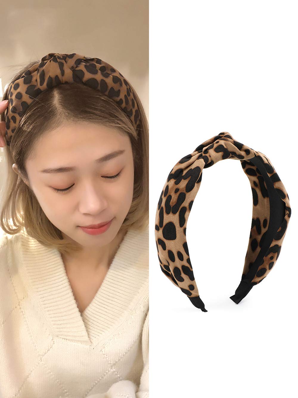 Leopard Print Headband for Women Girls - Wide Striped Knotted Bow Headbands Cheetah Hairband Hair Hoops Accessories Bow Cross Head Band Wrap : Beauty