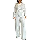 Elainone Pants Sets Women 2 Piece Outfits Long Sleeve Button Down Drawstring Shirt and Wide Leg Pants Matching Set