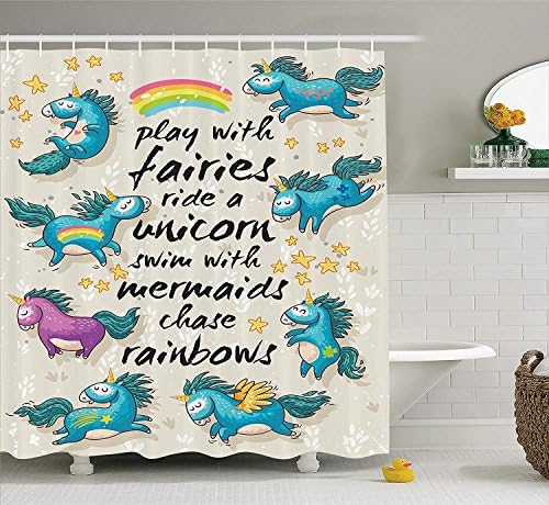 Nyngei Cartoon Shower Curtain Mythical Unicorns with Stars and Rainbow Legendary Creature Kids Theme Print Fabric Bathroom Decor Set with Hooks 180CM Beige Teal