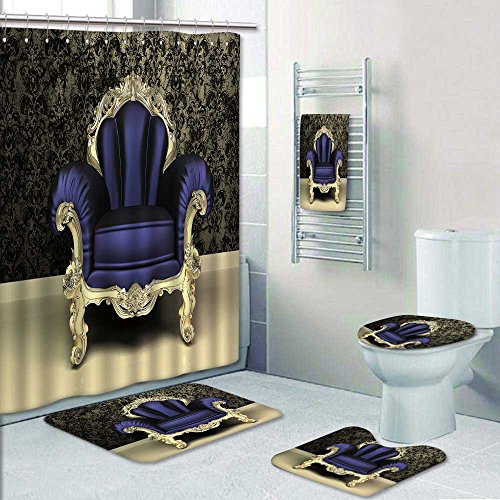 5 Piece Bath Rug Set, Modern Baroque armchair with decorative frame in luxury interior Print bathroom rugs shower curtain/rings and Both Towels