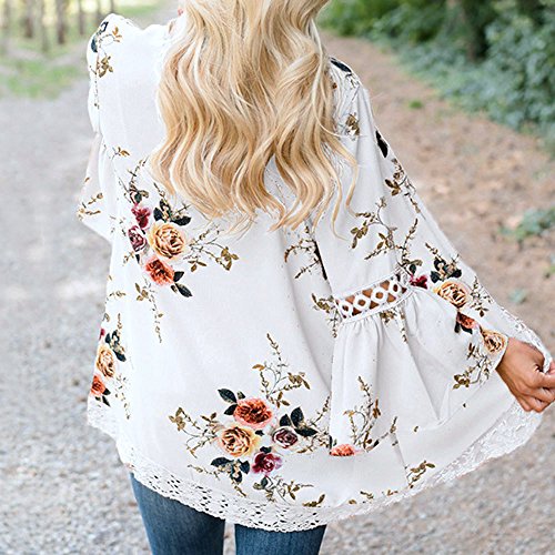 YANG-YI Women Lace Floral Open Cape Casual Cardigan Loose Blouse Kimono Cardigan Beach Dress (White, M)