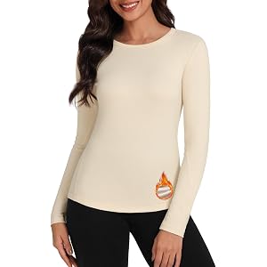 Bonneuitbebe Women's Long Sleeve Thermal Shirts Curved Hem Thermal Tops | Crew Neck, Slimming 3D Segmented Seams Thermal Unde