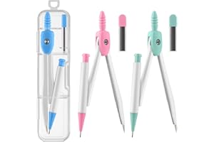 ZUAZAOR 3 Packs Colorful Basic Metal Math Compass for Geometry Set,Extra Leads, Mechanical Pencil Desiged,Drawing Tools Compass for Students School Supplies and Office Supplies (Pink,Blue and Green)