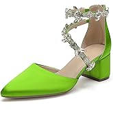 Hyinlays Women's Closed Pointed Toe Block Heel Satin Crystal Wedding Pump Shoes Chunky Low Heel Bridal Prom Heels Sandals