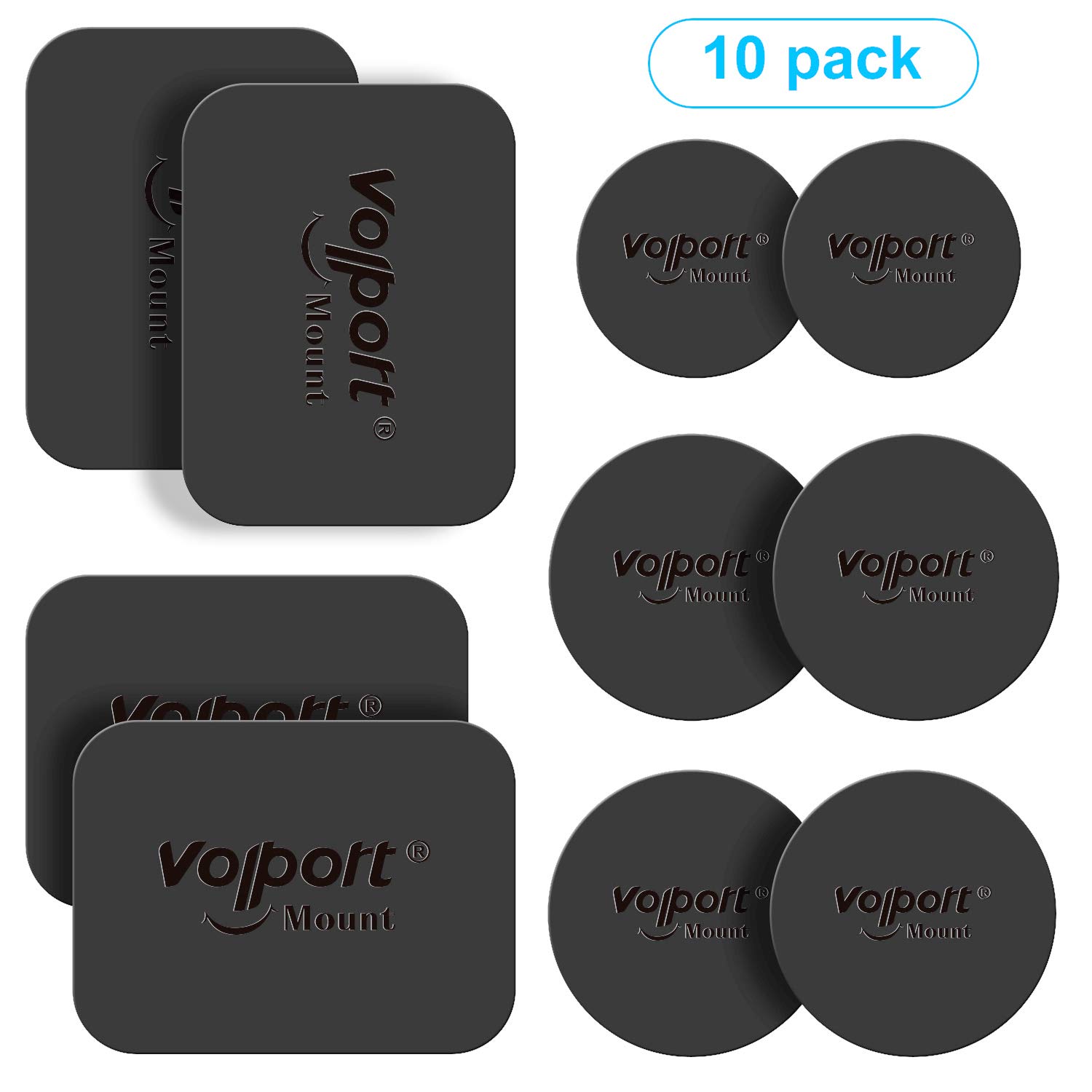 Metal Plate for Phone Magnet, Volport MagicPlate with 3M Adhesive Replacement for Magnetic Phone Car Mount Holder &amp; Cradle &amp; Stand (Vent/CD / Windshield/Dashboard)-10 Pack Rectangle and Round