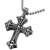 Men's Stainless Steel Gothic Cross Necklace, Distressed Silver Tone Religious Pendant with Ball Chain, Vintage Biker Jewelry Gift