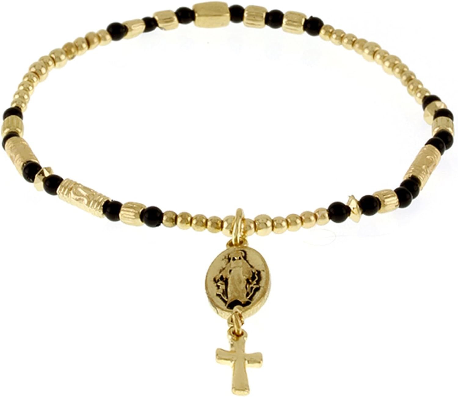 Gold Tone Stretchable Virgin Mary and Cross Charm Bracelet