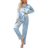 Ekouaer Women Satin Pajamas Set Classic Button Down Long Pjs Set