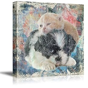 Square Cat Series Canvas Wall Art - A Little Kitty and a Dog on Colorful Grunge Background - Giclee Print Gallery Wrap Modern Home Art Ready to Hang - 12x12 inches