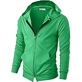 Ohoo Mens 100% Cotton Hoodie Two Way Zipper Slim Fit Wide Hood Thin Lightweight Full Zip Hooded Sweatshirt