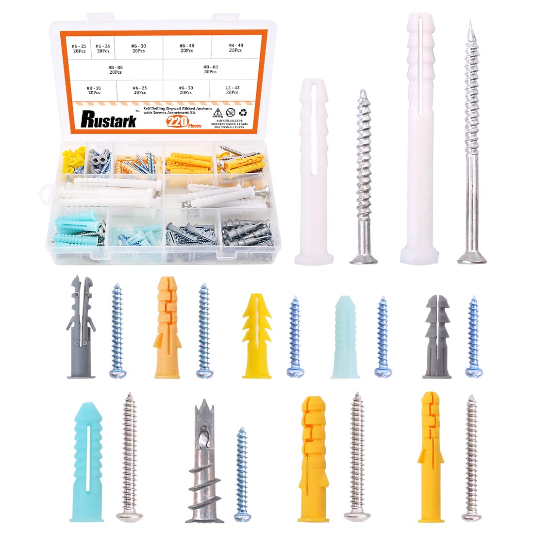 Rustark 220-Pcs [11 Sizes] Plastic Self Drilling Drywall Ribbed Anchors Hollow Drywall Anchors with Screws Assortment Kit Perfect for Drywall, Hollow-Wall Hanging Wall Shelf or Blinds