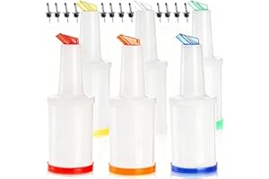 Tebery 6 Pack Plastic Juice Pour Bottles with 12 Stainless Steel Bottle Pourer, 34OZ Plastic Juice Dispensers for Bar Home Ki