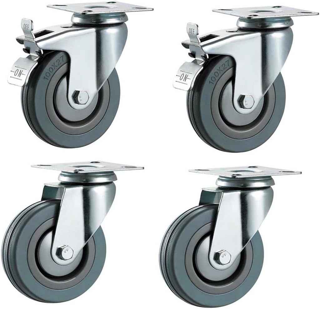 100mm Non Marking Grey Hard Rubber Castors with Brakes - Top Plate Fixing - Heavy Duty Casters Wheels by Bulldog Castors - Max 300Kg Per Set