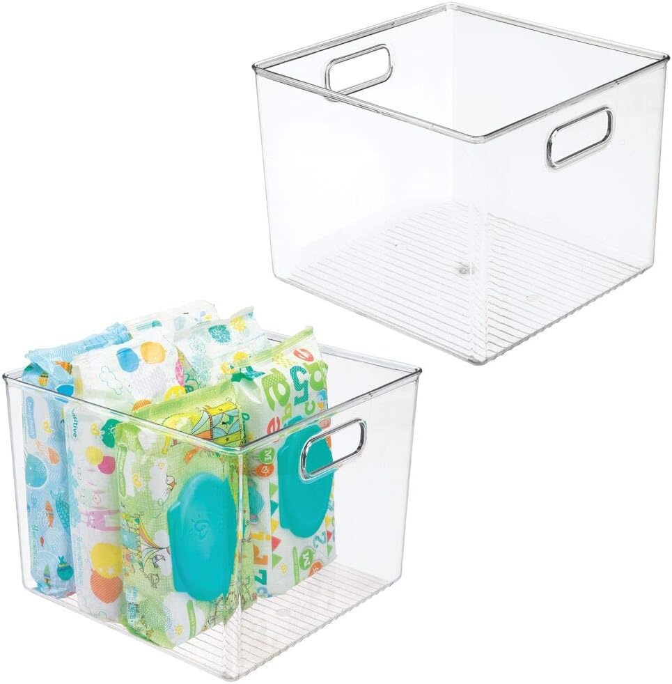 mDesign Deep Storage Organizer Container for Kids/Child Supplies in Kitchen, Pantry, Nursery, Bedroom, Playroom - Holds Snacks, Bottles, Baby Food, Diapers, Wipes, Toys - 7.5" High, 2 Pack - Clear