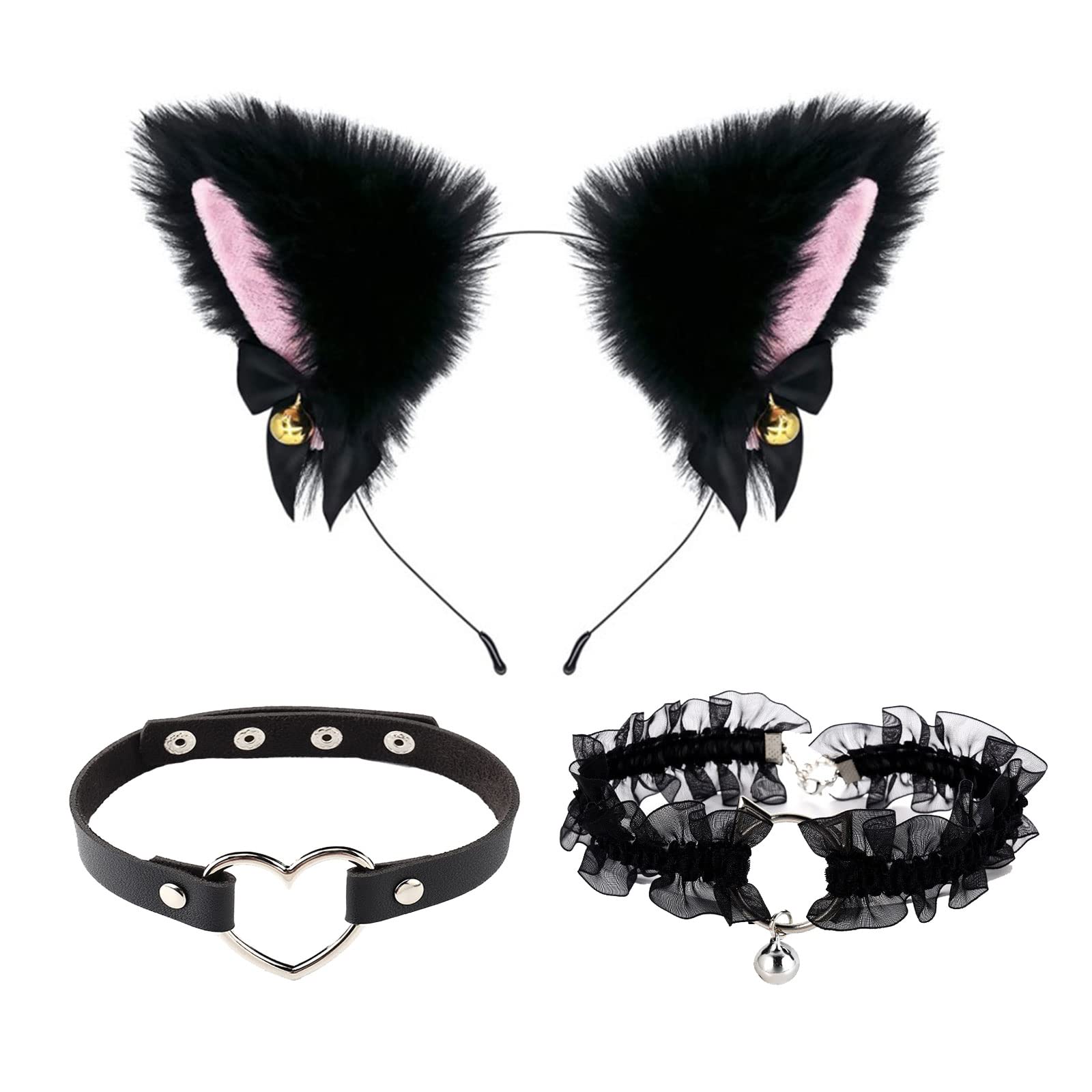TSHAOUN Animal Costume Cat Cosplay Costume Set Cat Ears Headband with Bells Necklace，for Anime Fancy Dress Party Halloween Christmas Dress Up Carnival Role Play. (Black)