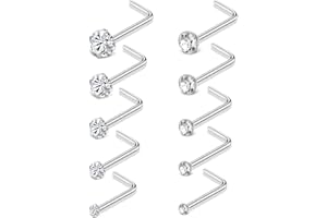 Tornito 20G 10Pcs Stainless Steel L Screw Bone Shaped Nose Studs Rings Square Round CZ Nose Ring Labret Nose Piercing Jewelry for Men Women Silver Tone 1.5mm-2mm-2.5mm-3mm-3.5mm CZ