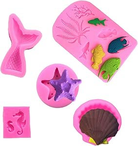 Set of 5Mermaid Tail Mold Seashell Silicone Mold Fish Fondant Mold Seahorse Chocolate Candy Starfish Mold Coral Shaped Mold for Sea Creatures Beach Theme Birthday Cake Decoration