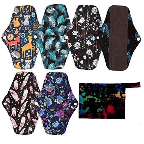 7pcs Set 1pc Mini Wet Bag +6pcs 10 Inch Regular Charcoal Bamboo Mama Cloth/Menstrual Pads/Reusable Sanitary Pads (Ink)