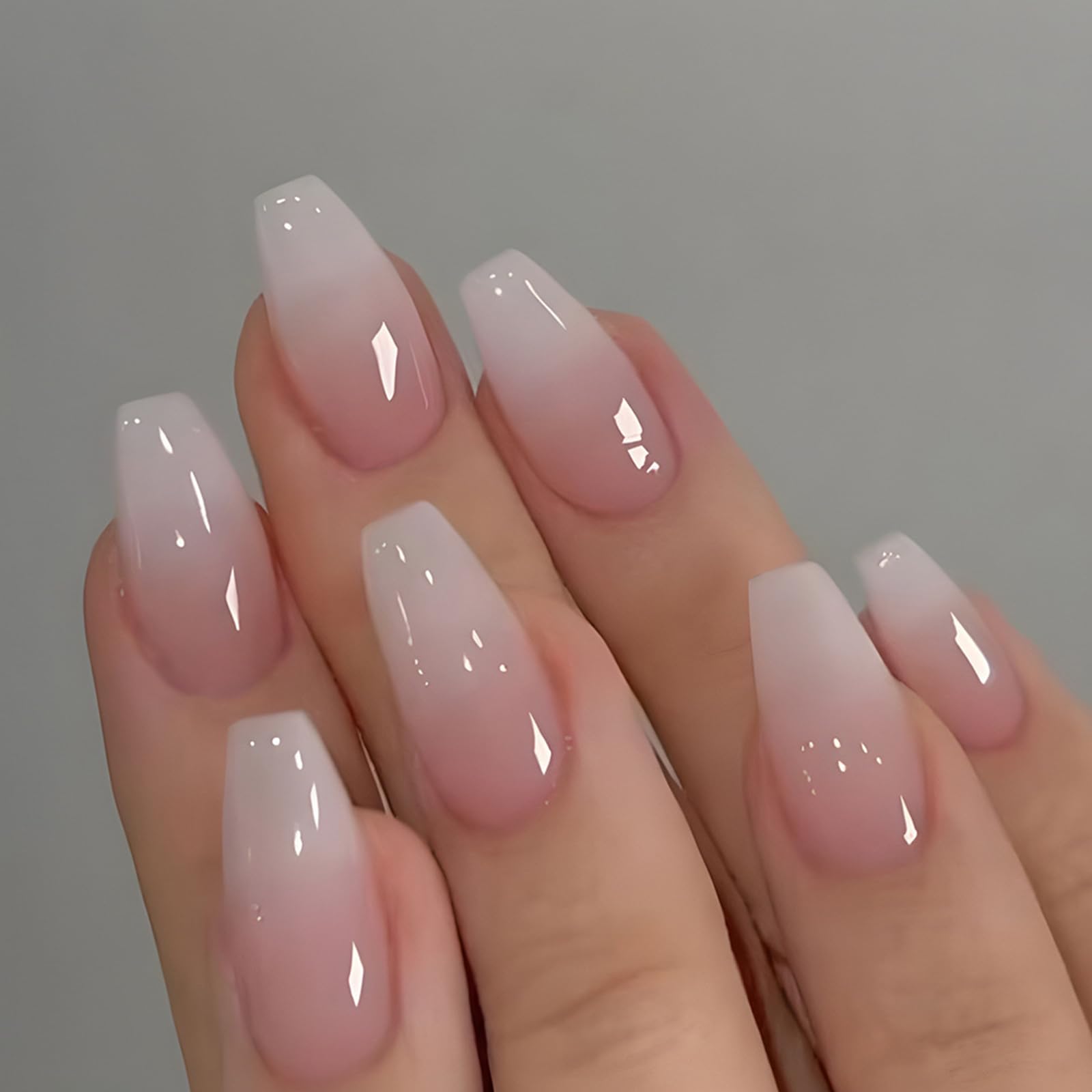 24Pcs Press on Nails Medium Length, Coffin French Tips False Nails Pink White Gradient Ballerina Acrylic Full Cover Fake Nails, Reusable Artificial Stick on Nail for Women and Girls DIY Nail Art