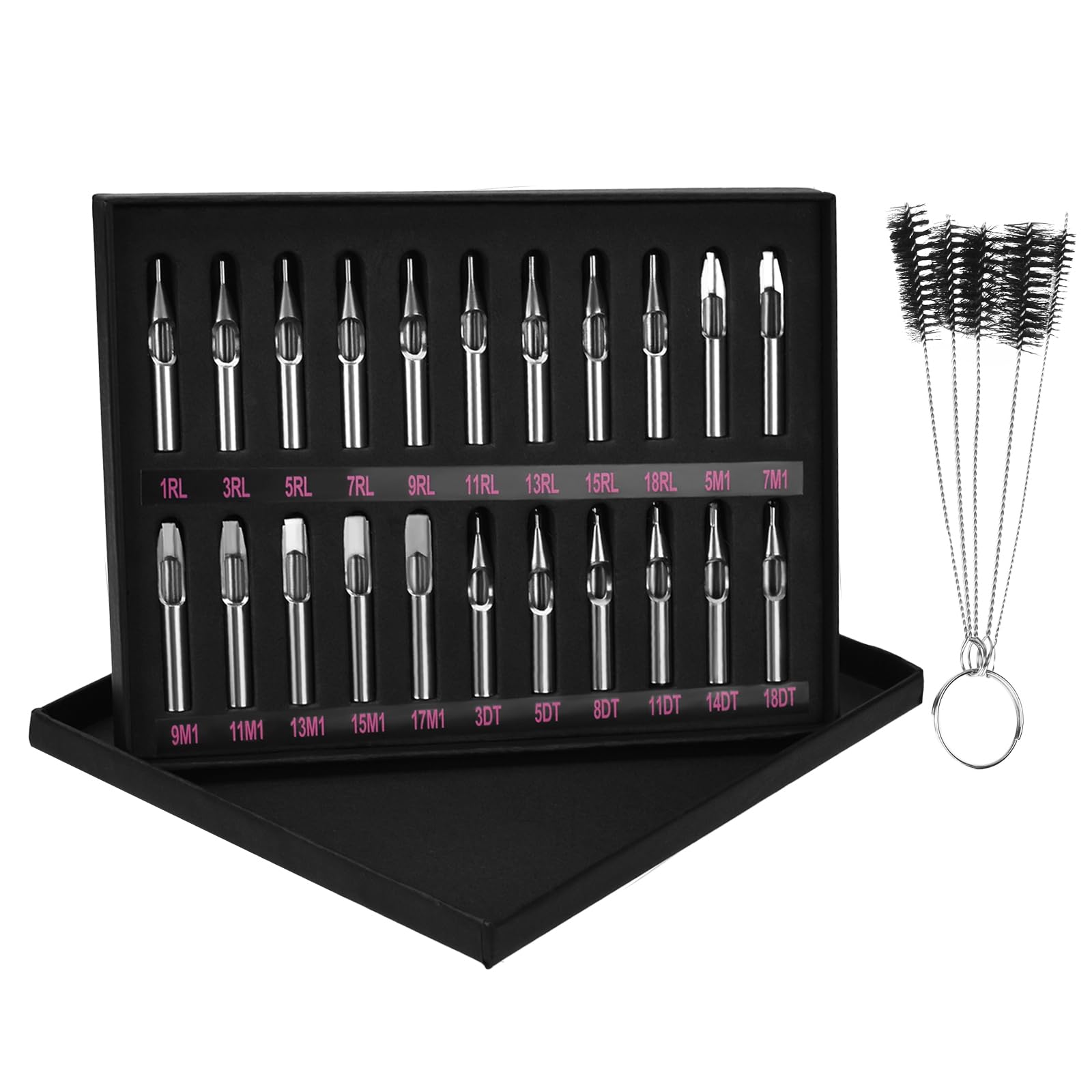 ATOMUS 22pcs Tattoo Tips Set - Stainless Steel - Mixed Shapes & Sizes - Includes 5pcs Nylon Tube Brushes - Pre-Sterilized