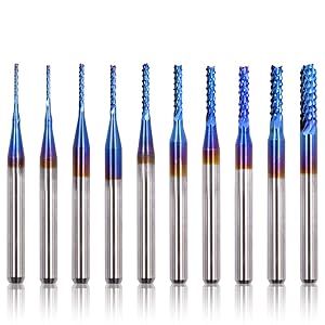 Acelane 10Pcs CNC Router Bits End Mill Rotary Burrs Engraving Machine Drilling Hole Tool for PCB Mould Plastic Fiber Carbon Fiber Hard Wood, 0.8-3mm, 1/8" Shank
