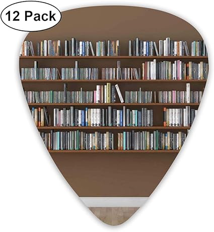 Gitarrenplektren – 12 Stück, Innenszene mit Bücherregalen an der Wand