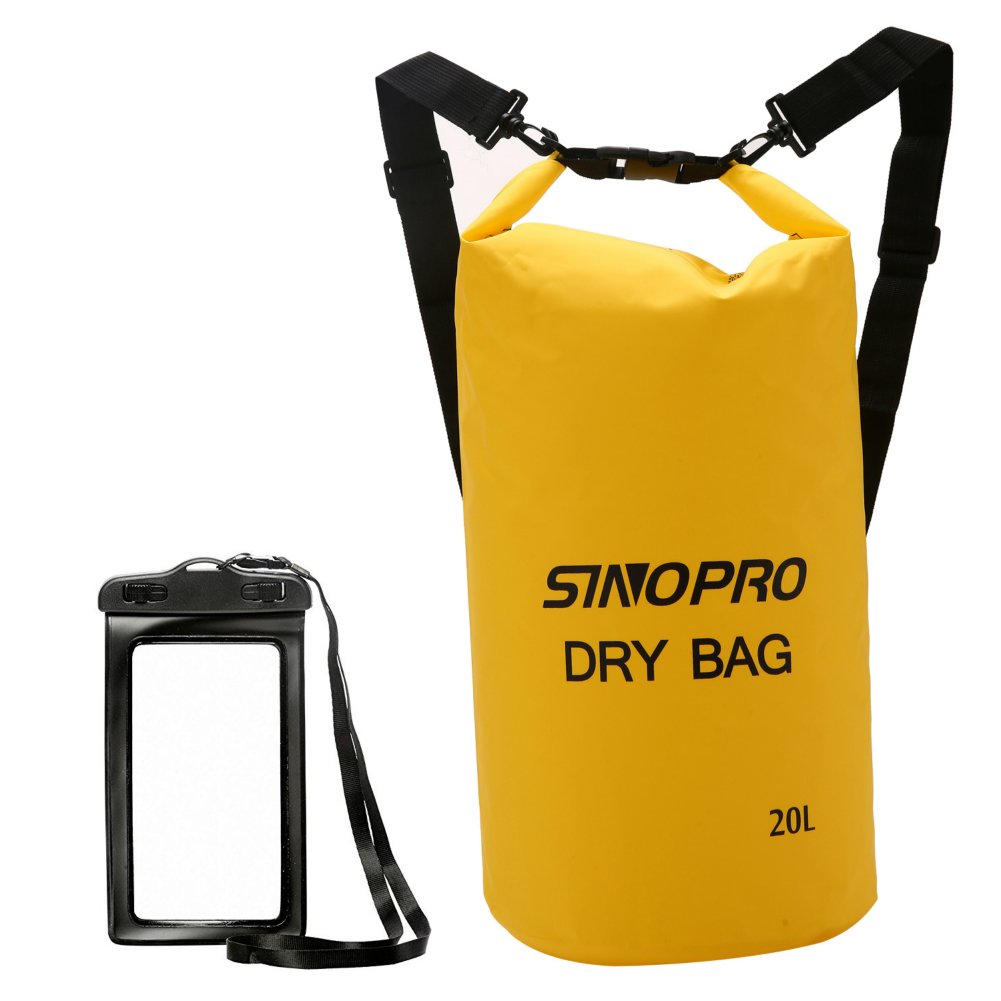 SinoPro Waterproof Dry Bags + Waterproof Waist Pouch, Perfect for Kayaking / Boating / Canoeing / Fishing / Rafting / Swimming / Camping / Snowboarding (Yellow, 20L)