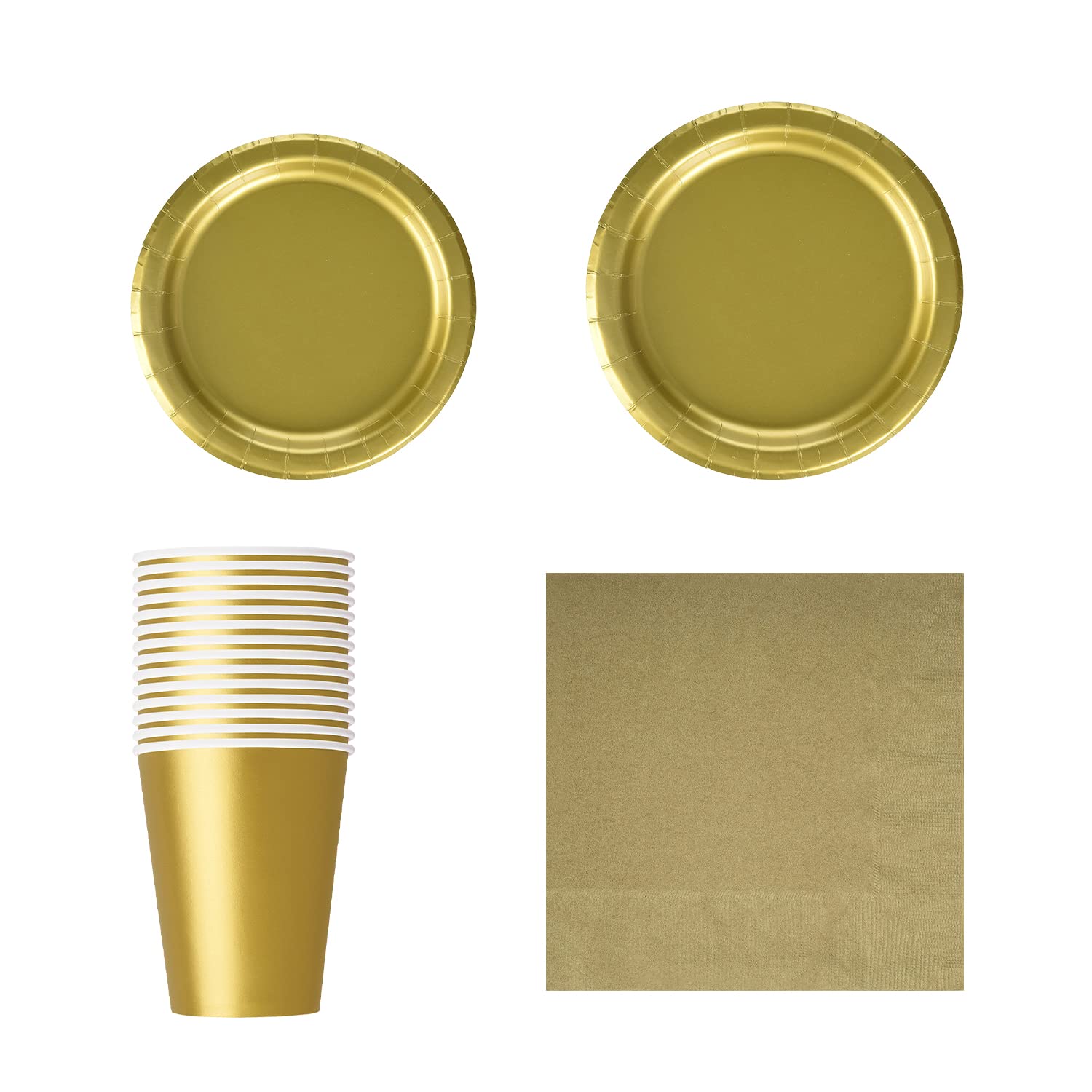Trimming Shop 70pcs Disposable Party Tableware Set, 7" Round Plates 20pcs, 9" Plates 16pcs, 9oz Cups 14pcs, Napkins 20pcs for BBQs, Weddings, Birthday, Anniversary, Kids Party Supplies, Gold Solid