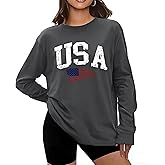 KESIHAN Women USA American Flag Shirt Long Sleeve Graphic Tees for Women Casual Crew Neck Top