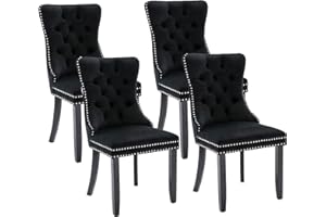 Virabit Tufted Chairs Set of 4, Black Velvet Upholstered Chairs with Nailhead Back and Ring Pull Trim for Kitchen/Bedroom/Dining Room