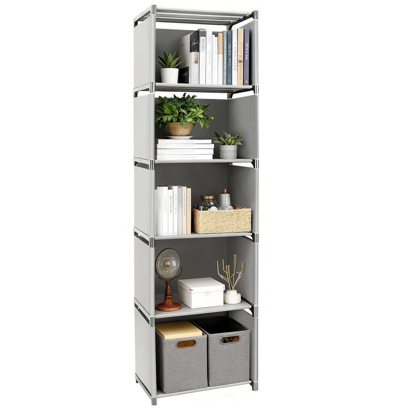 Photo 1 of 6 Tier Book Shelf, 5-Cube Storage Shelves, Tool-Free Assembly Kids Bookshelf, Bookcase Cube Storage Organizer for Kids Room, Living Room, Office, Bedroom, Study Room, (Grey, 6 Tier - 5 Cubes)