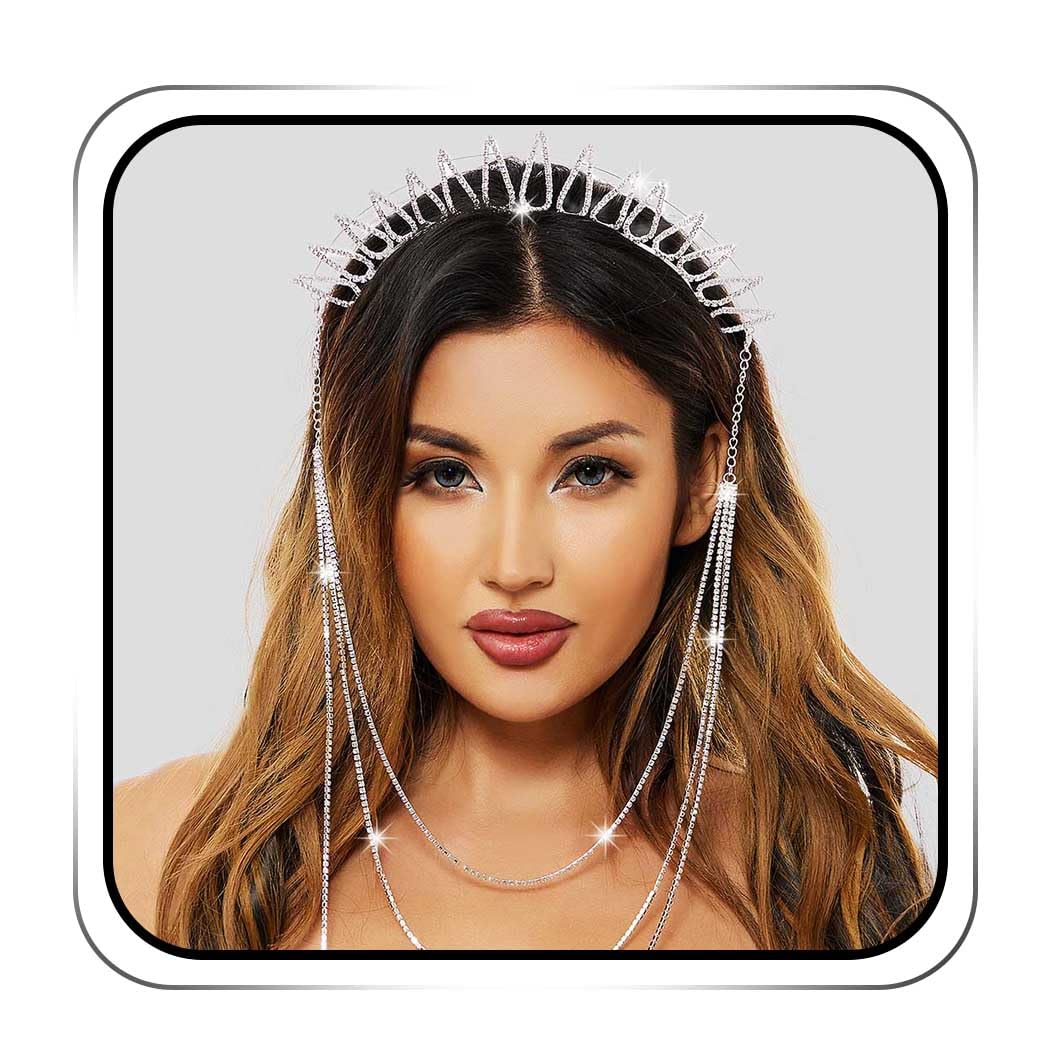 IYOU Mary Halo Crown Headband Silver Sparkly Rhinestone Goddess Headpiece Tiara Tassel Wedding Party Costume Hair Band Headwear for Women(Silver-C)