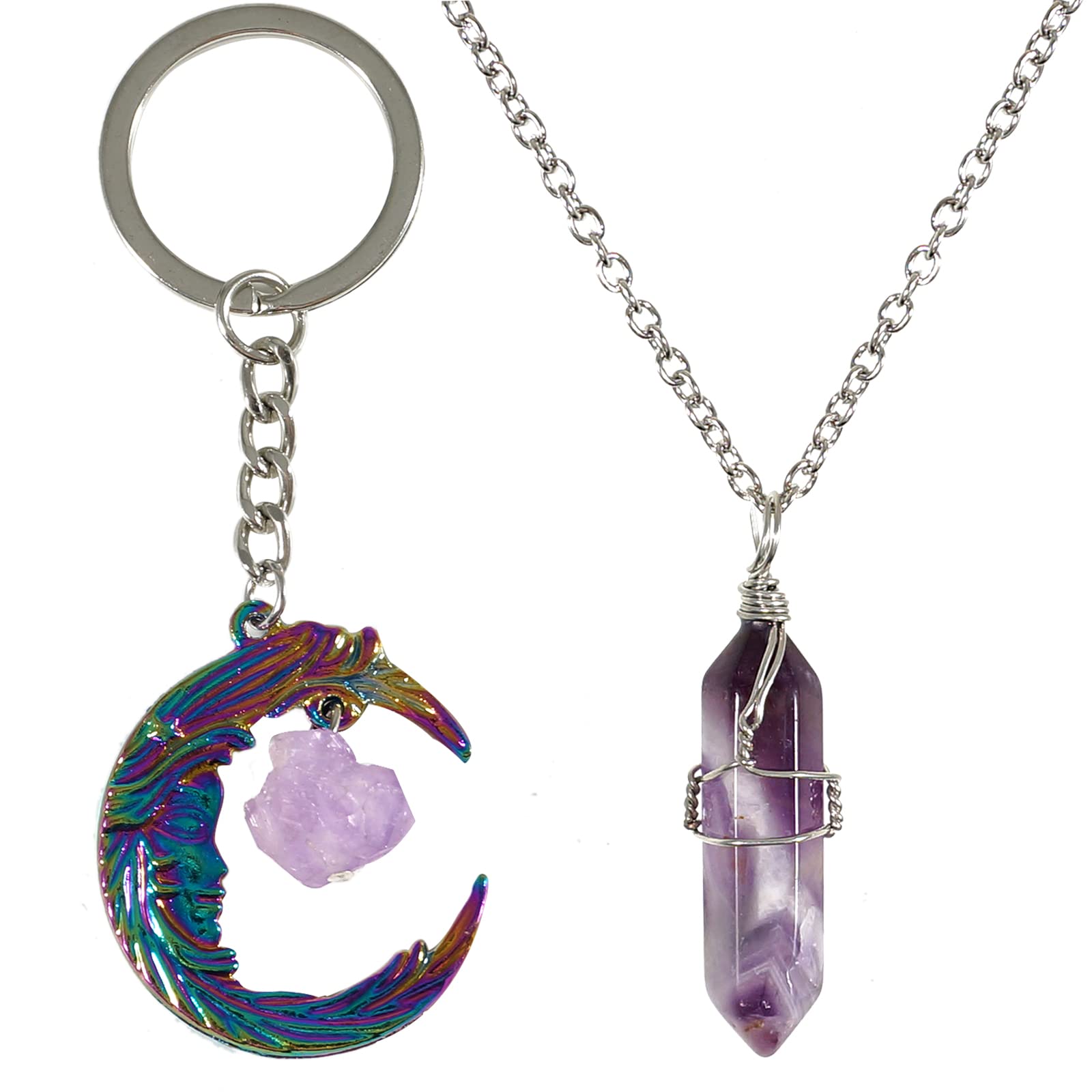 Healing Crystal Natural Energy Amethyst Crystal Irregular Hexagonal Prism Wire Wrapped Pendant Necklace Irregular Amethyst Raw Stone Moon Pendant Earrings