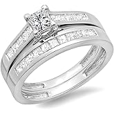 Dazzlingrock Collection 1.00 Ctw Princess Natural Diamond Women Bridal Engagement Ring Set Band, 14K White Real Solid Gold