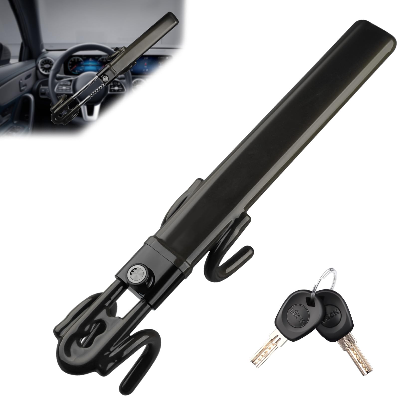 Photo 1 of NOEAIKE Steering Wheel Lock - Heavy Duty Anti-Theft Car Device with Double Hooks Design for Enhanced Vehicle Protection,Adjustable Length Locking with 2 Keys Universal Fit(Black)