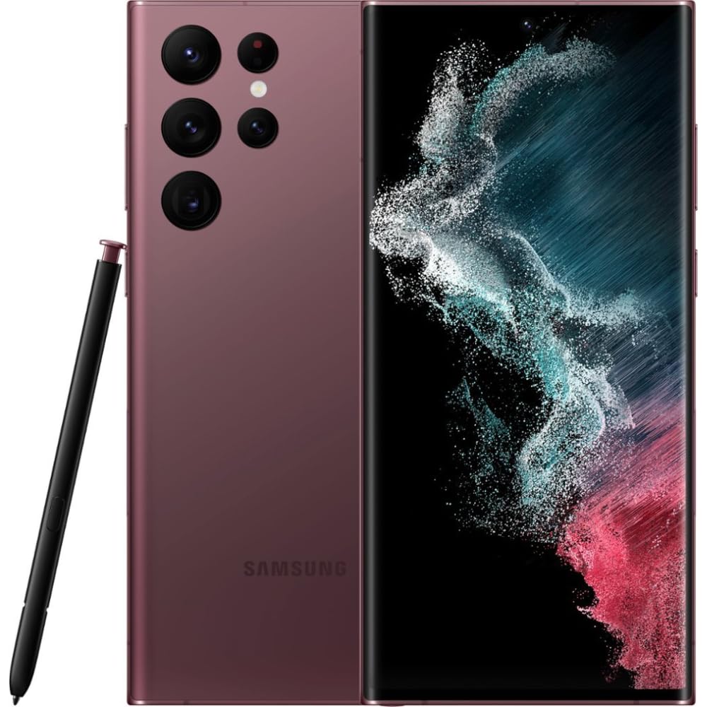 SAMSUNG Galaxy S22 Ultra 5G (128GB, 8GB) 6.8'' AMOLED 2X, 108MP Camera, Global Volte (Fully Unlocked for AT&T, Verizon, T-Mobile, Global) G908U1 (w/ 25W Super Fast Charger, Burgundy) (Renewed)