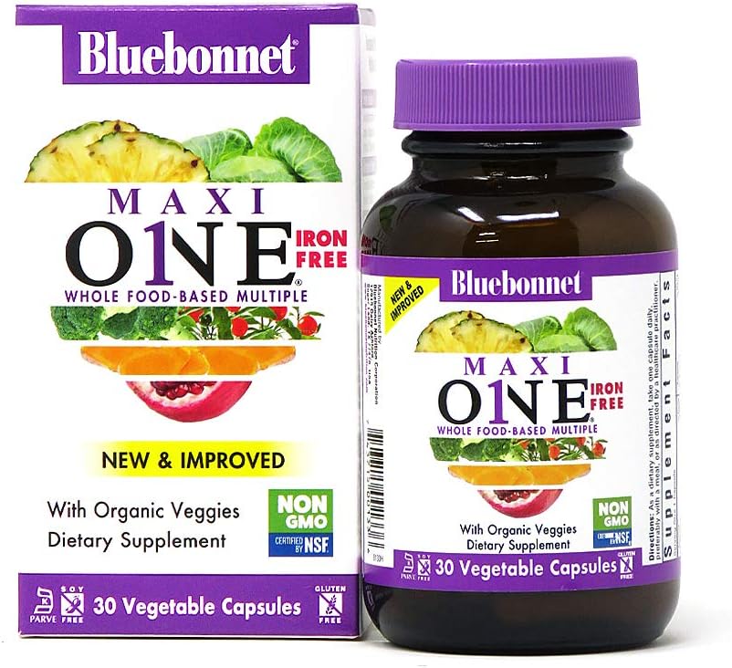 Bluebonnet Nutrition Maxi One (Iron-Free), Whole Food Multiple, Enzymes, Energy, Vitality, Gluten-Free, Kosher, Dairy-Free, Vegetarian Friendly, Soy-Free, Non-GMO, 30 Vegetable Capsule, 1 Month Supply