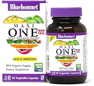 Bluebonnet Nutrition Maxi One (Iron-Free), Whole Food Multiple, Enzymes, Energy, Vitality, Gluten-Free, Kosher, Dairy-Free, Vegetarian Friendly, Soy-Free, Non-GMO, 30 Vegetable Capsule, 1 Month Supply