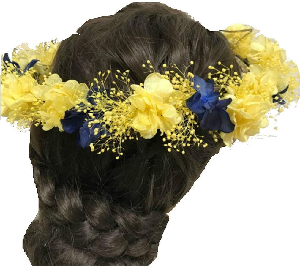 Amazon 花職人の店 いるでぱいん 髪飾り 花冠 黄色 紺 ミックス ナチュラル 花かんむり かすみ草 アジサイ あじさい プリザーブドフラワー ヘッドドレス ヘアーアクセサリー ウエディング ブライダル レディース 子供 浴衣 ゆかた 花 祭り 夏 アイテム ヘア