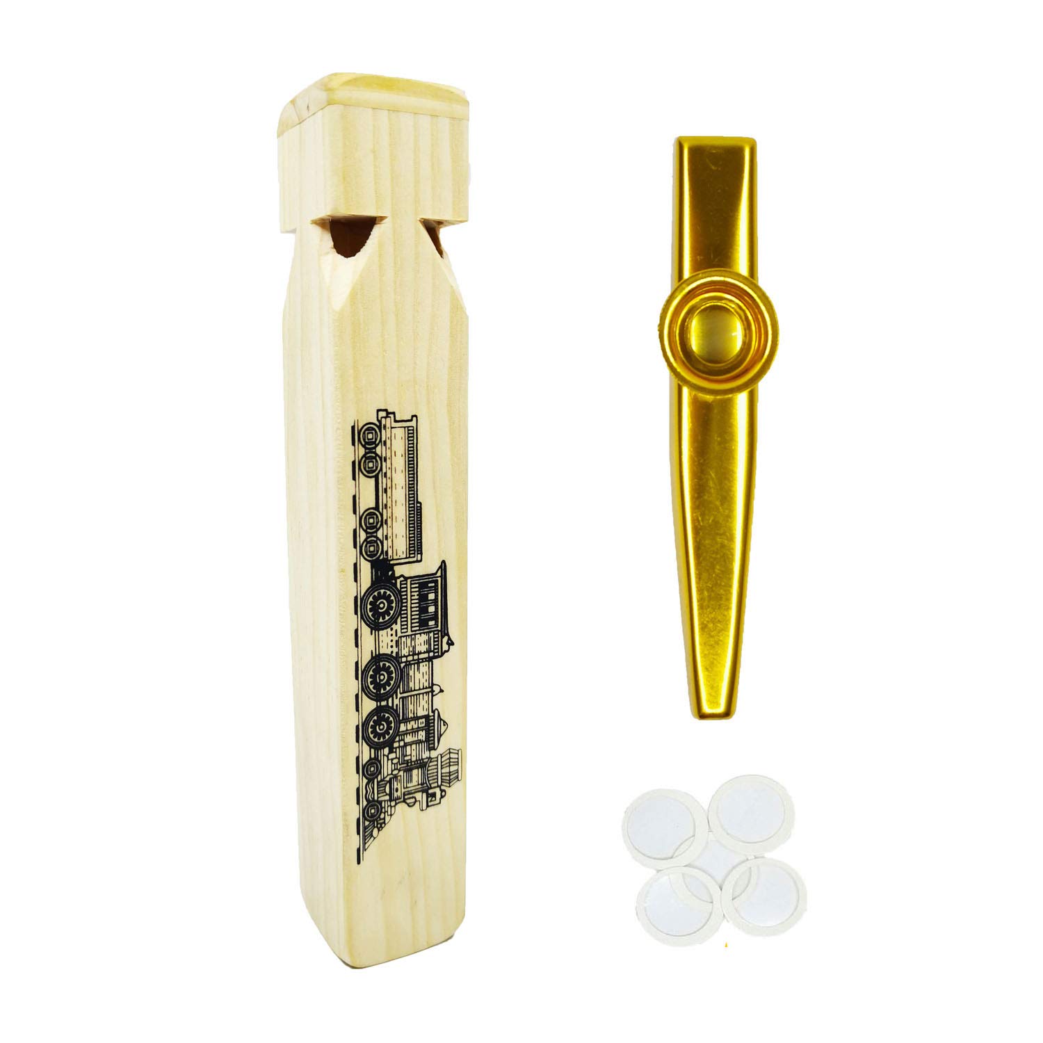 2Pcs-Wooden Train Whistle and Gold Kazoo for Music Instrument Gifts Wood Musical Instrument Educational Toys