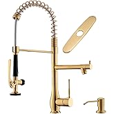 GIMILI Commercial Kitchen Faucet with Pull Down Sprayer, Double Headed Single Handle High Pressure Kitchen Faucet with Soap Dispenser Brushed Gold