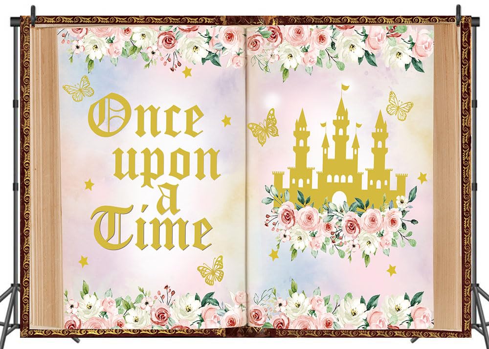 Photo 1 of LTDKAEN Once Upon a Time Backdrop Pink Fairytale Books Castle Photography Background Once Upon a Time Baby Shower Decoration 8x6ft